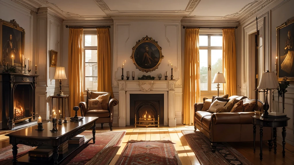 Interior, victorian Manor with reliquies, (((Nigth))), (((moonligth enters the living room))) soft pale orange palette, soft secundary exterior ligth