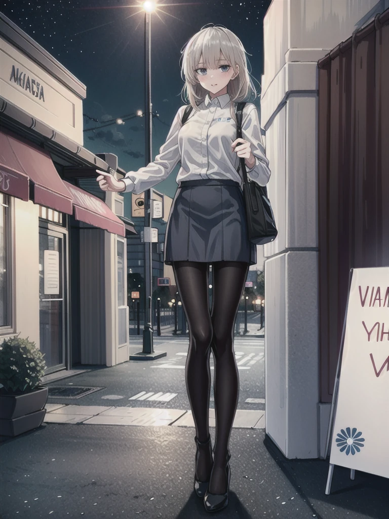 1girl, solo, female, ak-74m, white shirt, standing, full body shot's, blue skirt, outdoor, night, 4k, bokeh, pantyhose, carying a bag, mature woman, a date, one bag, high heels