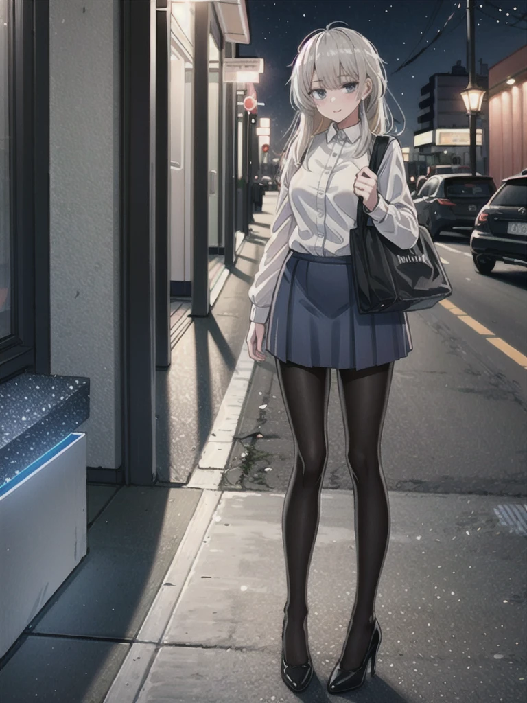 1girl, solo, female, ak-74m, white shirt, standing, full body shot's, blue skirt, outdoor, night, 4k, bokeh, pantyhose, carying a bag, mature woman, a date, one bag, high heels 