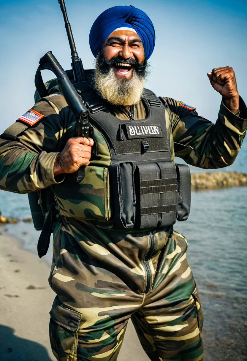 (a dark-skinned bearded fat muscular sikh old man in a bulky army camouflage zipper diver suit) doing raising fist pose and carrying a rifle, muscular, Bruce Onobrakpeya, sumatraism, stanley artgermm, action, heroic, fierce, laughing