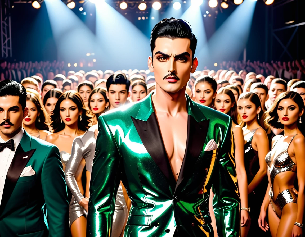 Countless spotlights shine on the runway. Models in glittering costumes posed for pictures as a large crowd of spectators looked on. In the center, a tall, stout man with short-cropped black hair, thick eyebrows, sharp eyes, a high nose, and thick lips walks with a confident expression on his face.