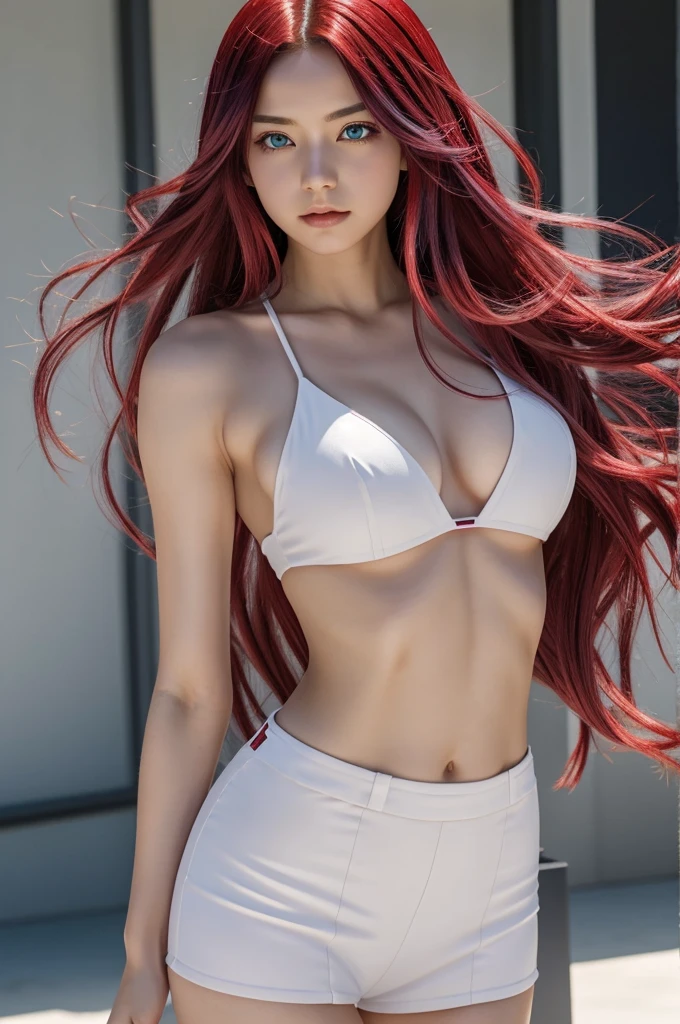 boku no hero academia woman,long bluish hair with red and silver strands, blue eyes,white suit with red bare shoulders and chest, from head to toe