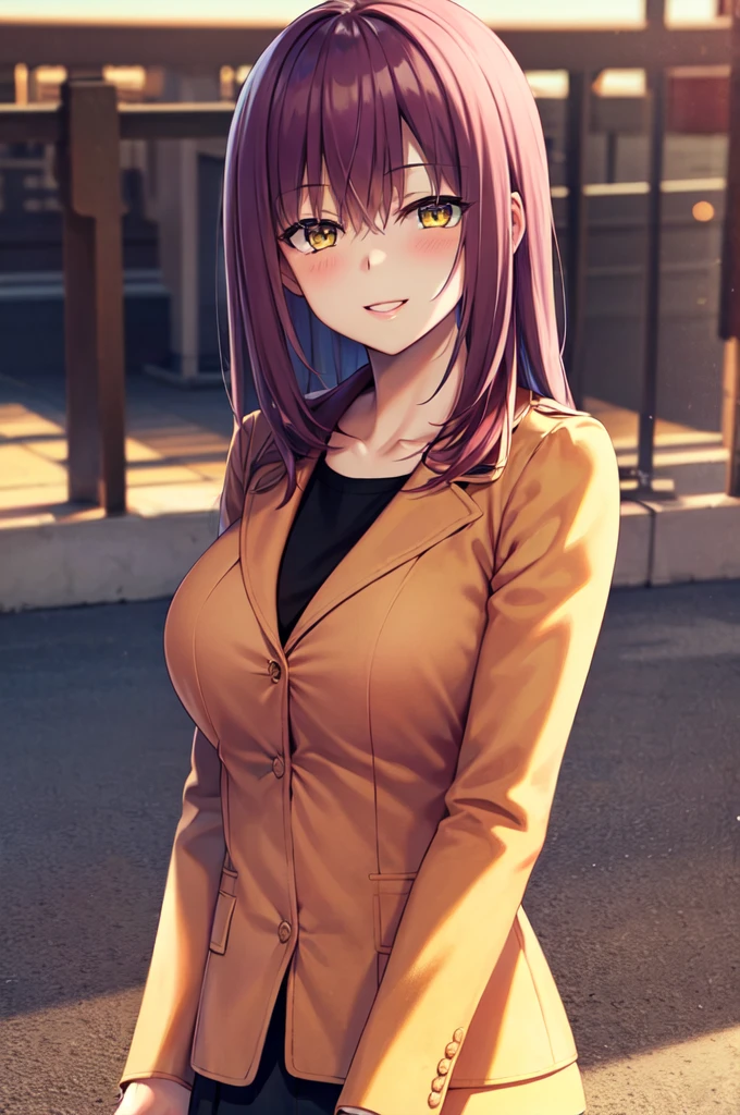 Masterpiece, best quality, highres, upper body, close up, detailed eyes, red hair, yellow eyes, white backround, long hair, blush, black sweater, beautiful eyes, large breaast, (closed lips), ((hair down)), very long hair, smile