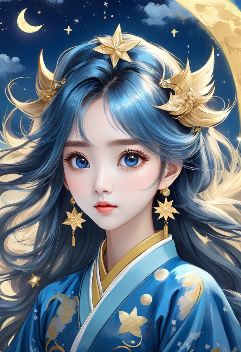 Hand-drawn style：粗糙的texture，1 Girl，Beautiful Face，Fluffy messy long hair，Surprise Hair，Big eyes，Bright Eyes，Delicate eyelashes，Hanfu，Human anatomy is correct。cloud，star，moon，Wyvern Ring：1.37，Beautiful details，texture，Blue and Gold，Immerse yourself in Van Gogh&#39;s art