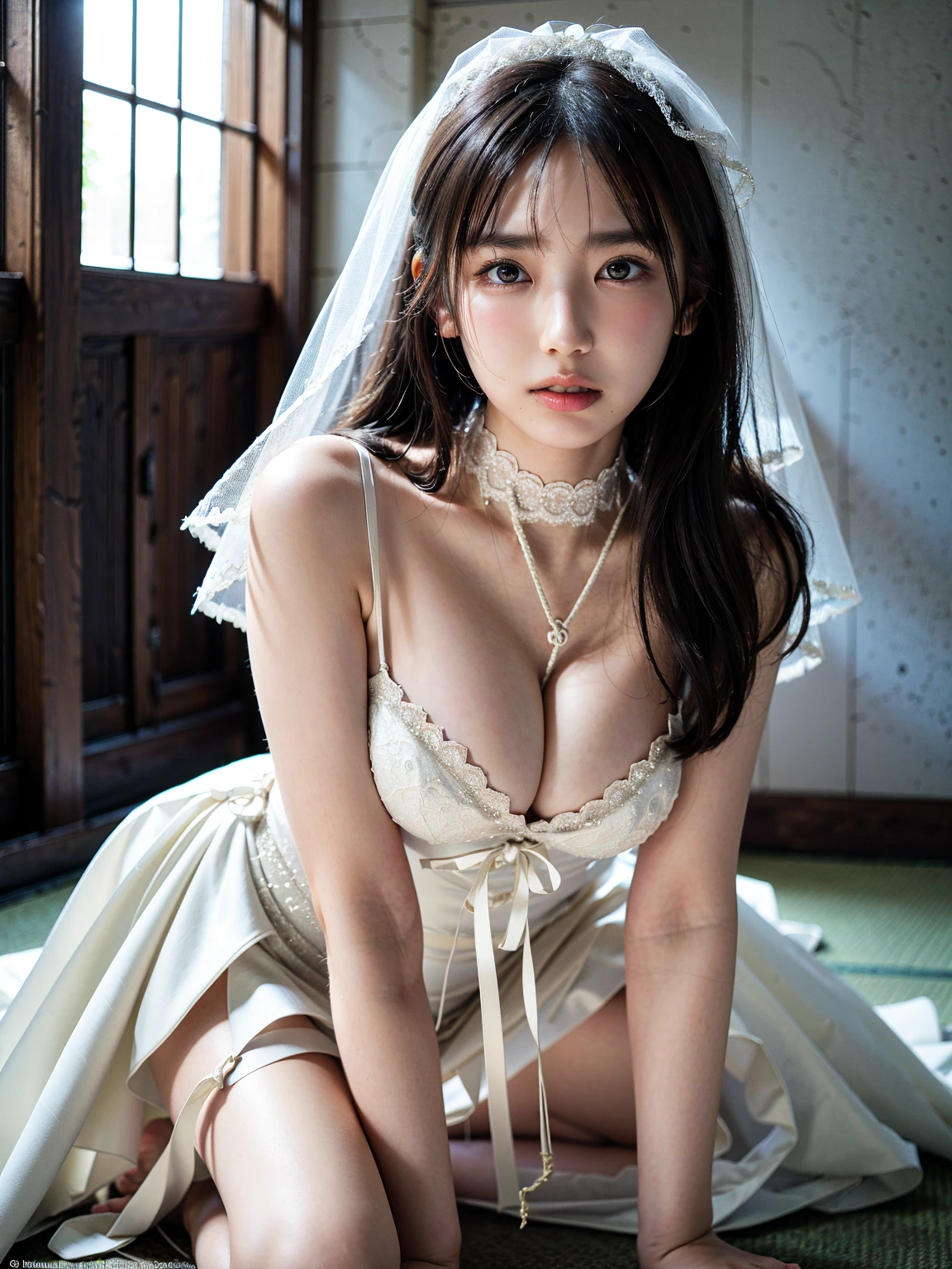 (41k4:0.75), (aika-sawaguchi:0.55), masterpiece, Best Quality, 8K, Raw photo, (wearing wedding dress:1.5), (kneeling in front of viewer:1.5), (looking up at viewer:1.5), top-notch quality, masterpiece, (exceptionally detailed RAW color photo, professional-grade photograph, (rope bondage:1.2), (wearing white lace choker:1.2), (tied up with rope), (Realistic, Photorealistic:1.37), (highly detailed skin:1.2), Ultra-high resolution, (lens 50mm), (masterpiece, top-quality:1.3), (hyper realistic:1.35), (Photorealistic:1.45), (Realistic:1.4), (facing viewer:1.5), (looking at viewer:1.4), solo, (1 pretty Japanese girl), 21 years old, Japanese idol, supermodel, pale skin, (slim:1.3), (slim body:1.25), (slender body:1.25), (narrow waist:1.25), pretty face, (large breasts:1.15), (deep cleavage:1.2), gravure idol