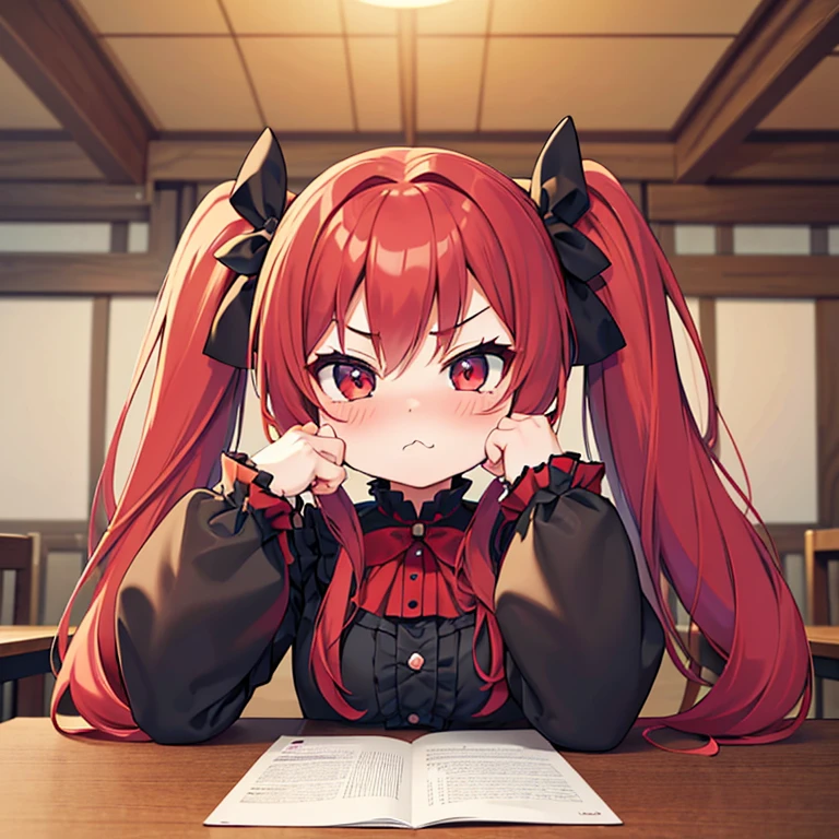 ((Highest quality)), ((masterpiece)), (detailed), Perfect Arms, anime, Ultra-fine illustration, One girl, ((Chibi Character)), Red Eye, Red hair twintails, Gothic ****ta, face, cheek, ((Pouting)), (hands up, elbows on table:1.2), room, machine, indoor, Upper Body Shot,