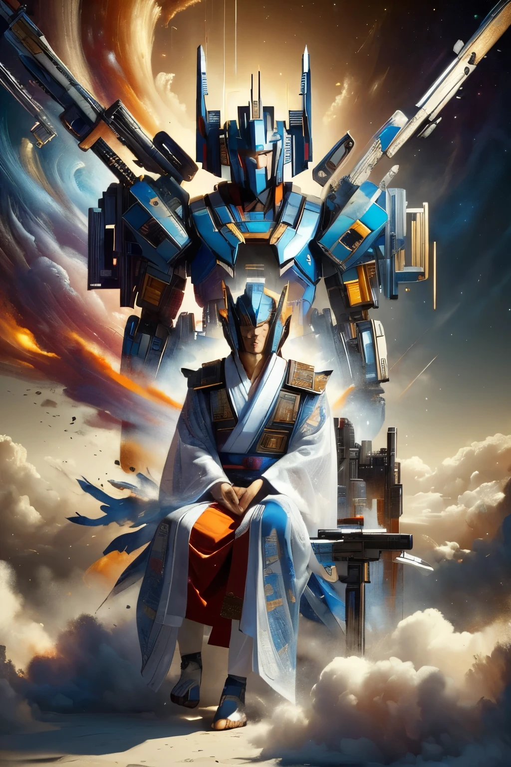 ((masterpiece)),((best quality)),8K,High Detail,Extremely detailed,Intricate details,xs-Summary,Mecha, , No humans, arms, Solitary, Science fiction, gun, holding arms, Feet on clouds,Wearing Taoist robes,Auspicious clouds above the head,Optimus Prime,Sit cross-legged,clothing