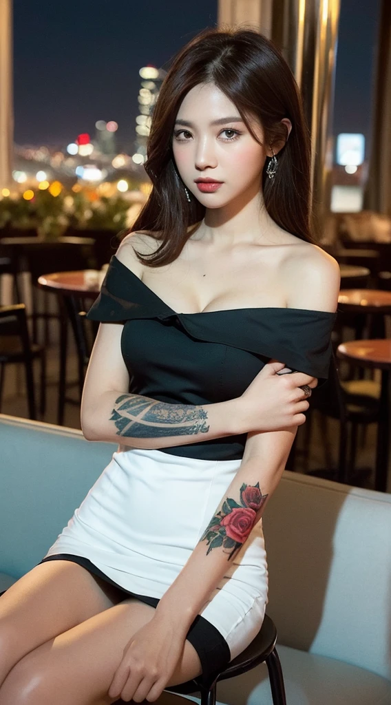 ((Midnight, Best quality, 8k, Masterpiece :1.3)), Whole body, Long legs, Sharp focus :1.2, A pretty woman with perfect figure :1.4, Slender abs :1.1, ((Dark brown hair, Big breasts :1.2)), (white mini dress :1.2), ((Night city view, sitting on cafe:1.3)), Highly detailed face and skin texture, Detailed eyes, Double eyelid, sunset, darken, backlit, off shoulder, tattoo on right hand red rose flower, tattoo on left hand black skull, 