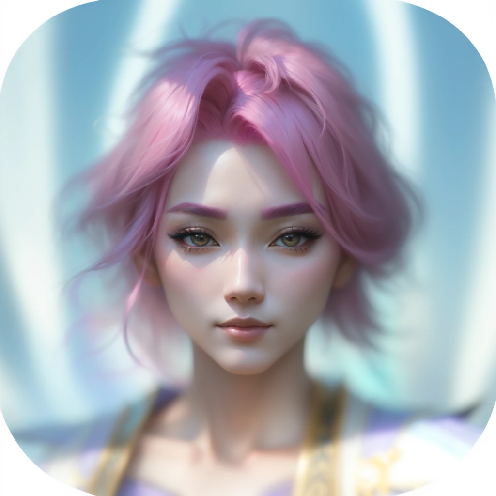 Close up of woman with pink hair and blue background,xianxia hero,Pink hair ancient costume woman,Hanfu,Close-up portrait of a mage, Blurred style,glowing pink face,