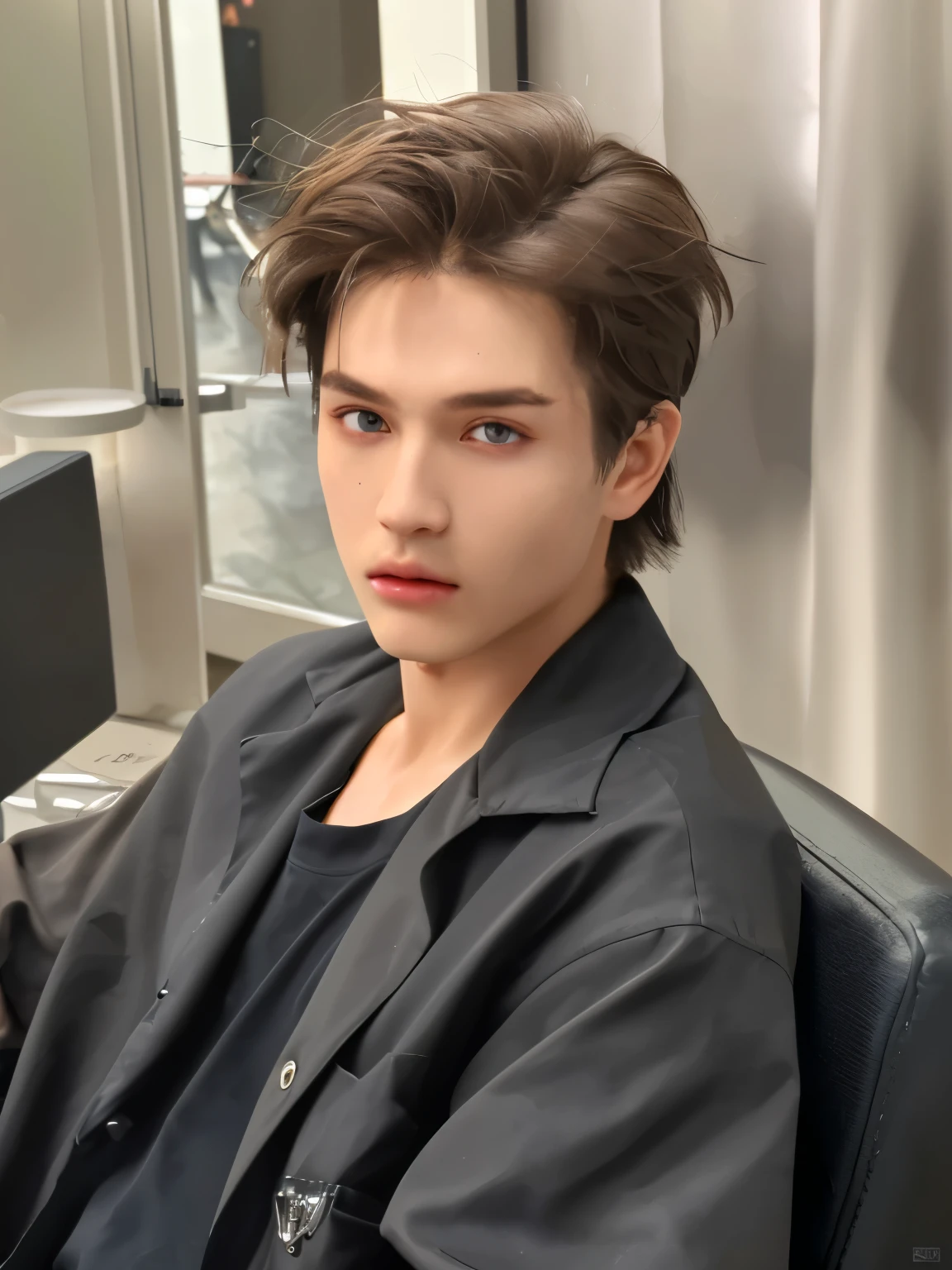 high quality，A boy，Three-dimensional facial features；1.5. Clear facial bones,；1.5. Have a jawline；1.5 Black Eyeballs，Eyes looking towards the camera，Hazelnut beige hair；1.8，