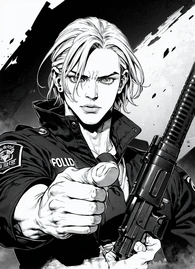 boichi manga style,  1boy, monochrome, greyscale, pointing gun, police uniform, white hair, ((masterpiece)), lips, eyes, ears, hair, hands, good hands, gun, holding a gun