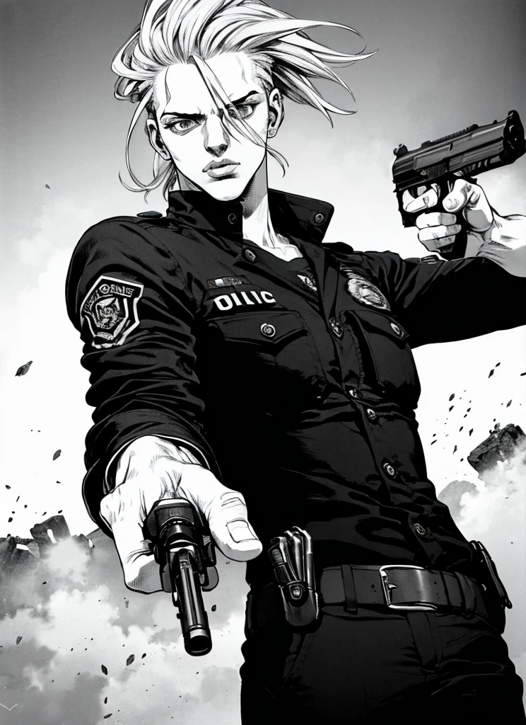 boichi manga style,  1boy, monochrome, greyscale, pointing gun, police uniform, white hair, ((masterpiece)), lips, eyes, ears, hair, hands, good hands, gun, holding a gun