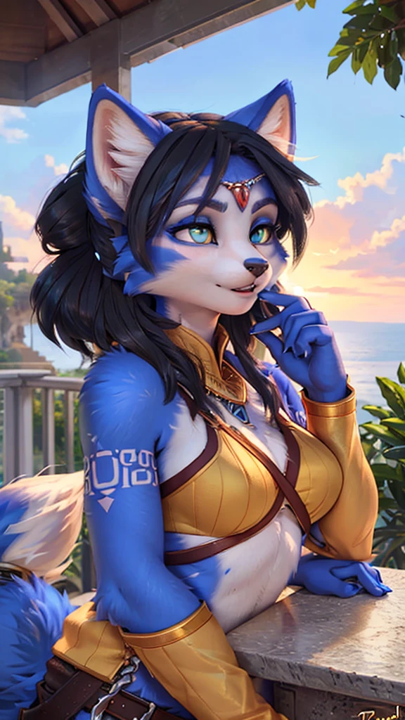 A beautiful and detailed (sweet portrait) wa ((Krystal)), Star Fox Krystal, lovable, green eyes, medium breasts, (((Long blue hair 1.3))),  ((black hair tips)), look up,anthro, furry, Uploaded E621, detailed fluffy fur, (wa Fluff-Kevlar, Bayard Wu, Personalami, Pino Daeni), detailed face, (fluffy), 1 girl, alone,  Tribal clothing, sweet girl, 
