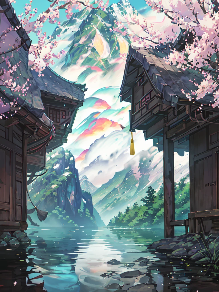 Nighttime, Moonlit night, dark sky, china ancient, spring, jungle, lake, cave, waterfall, tree, grassland, rock, deer, hot spring, vapor, small oriental building, (illustration: 1.0), Narrative composition, realistic lighting, HD detail, masterpiece, best quality, (Highly detailed CG integrated 8k wallpaper)