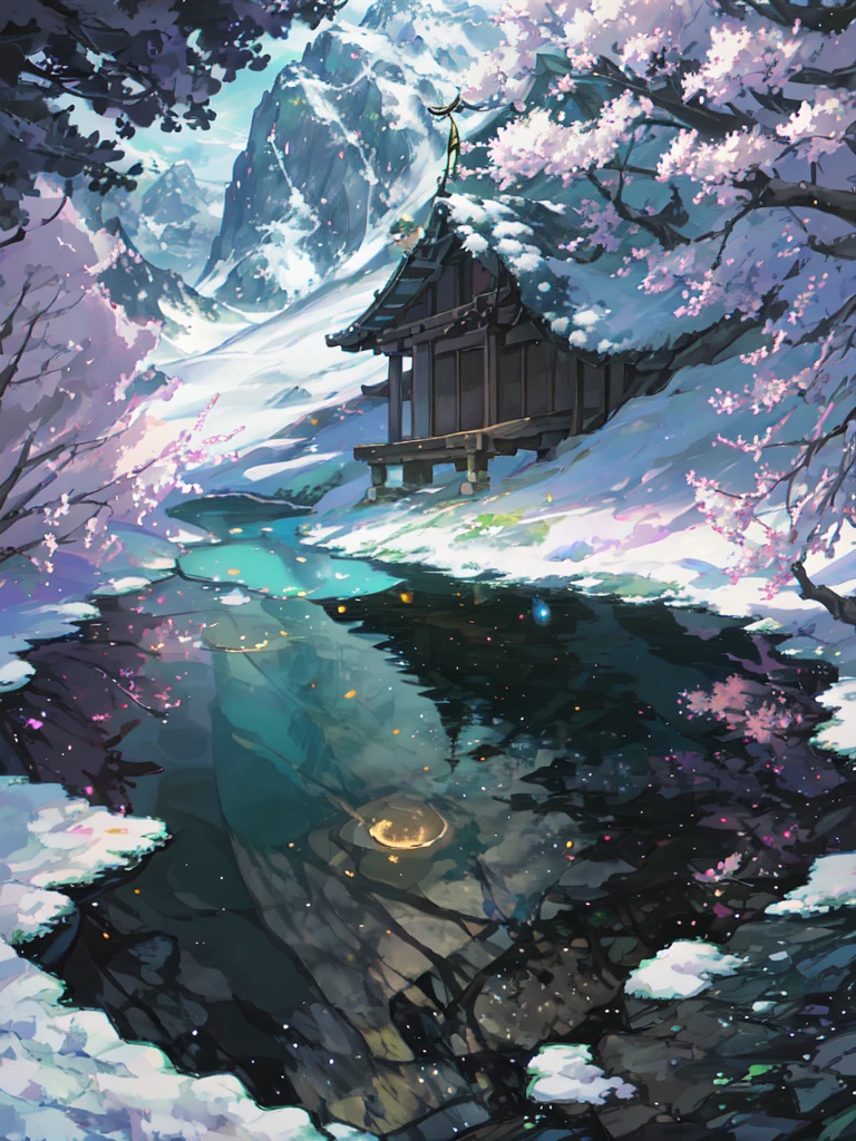 Nighttime, Moonlit night, dark sky, china ancient, spring, jungle, lake, cave, waterfall, tree, grassland, rock, deer, hot spring, vapor, small oriental building, (illustration: 1.0), Narrative composition, realistic lighting, HD detail, masterpiece, best quality, (Highly detailed CG integrated 8k wallpaper)