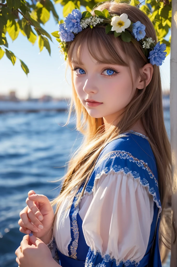 20-year-old woman in Ukrainian costume、Blue eyes with a flower crown on his head、River and blue sky in the background、Afternoon light and sunset realistic illustration