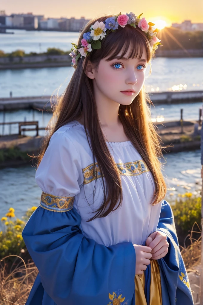 20-year-old woman in Ukrainian costume、Blue eyes with a flower crown on his head、River and blue sky in the background、Afternoon light and sunset realistic illustration