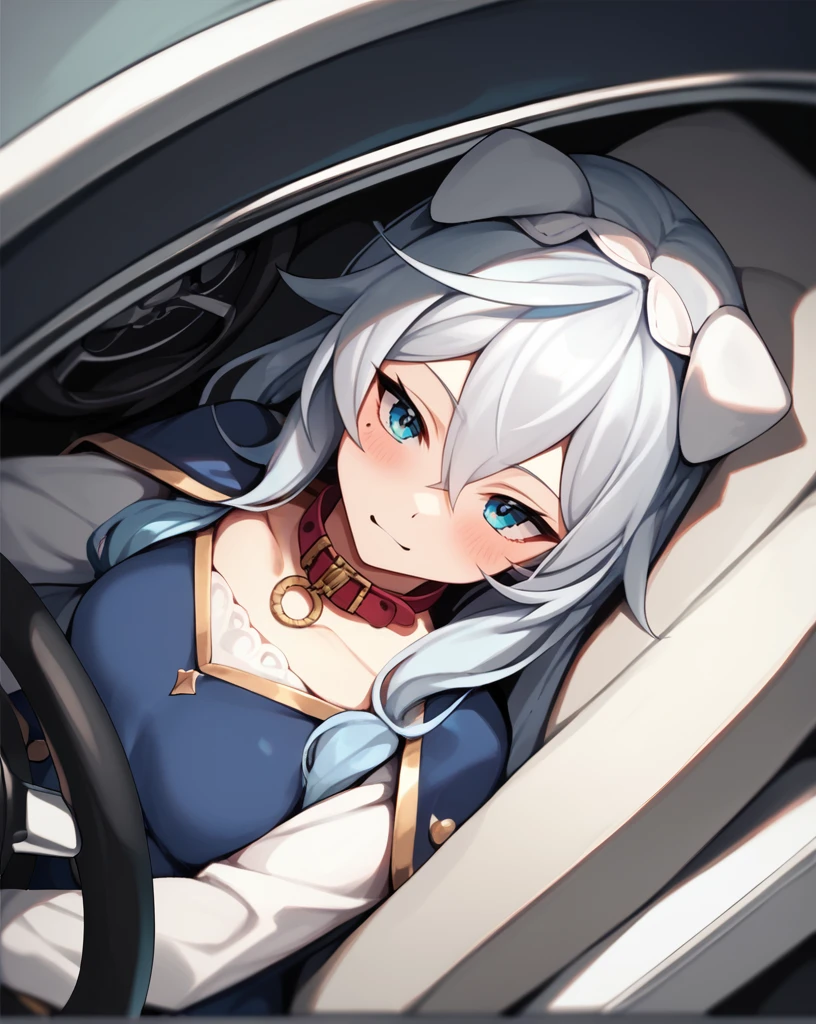 score_9, score_8_above, score_7_above,
eris,1 girl,Alone,Blue eyes,by white,hair between the eyes, very long hair,He drowned, clavicle, steering wheels, only,long sleeves,dress,Wearing a dog collar, laying, bedroom, Naughty tattoo on the belly 