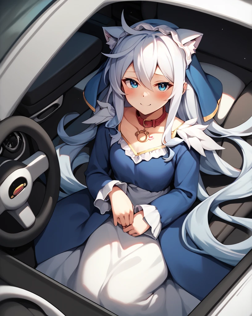 score_9, score_8_above, score_7_above,
eris,1 girl,Alone,Blue eyes,by white,hair between the eyes, very long hair,He drowned, clavicle, steering wheels, only,long sleeves,dress,Wearing a dog collar, laying, bedroom, Naughty tattoo on the belly 