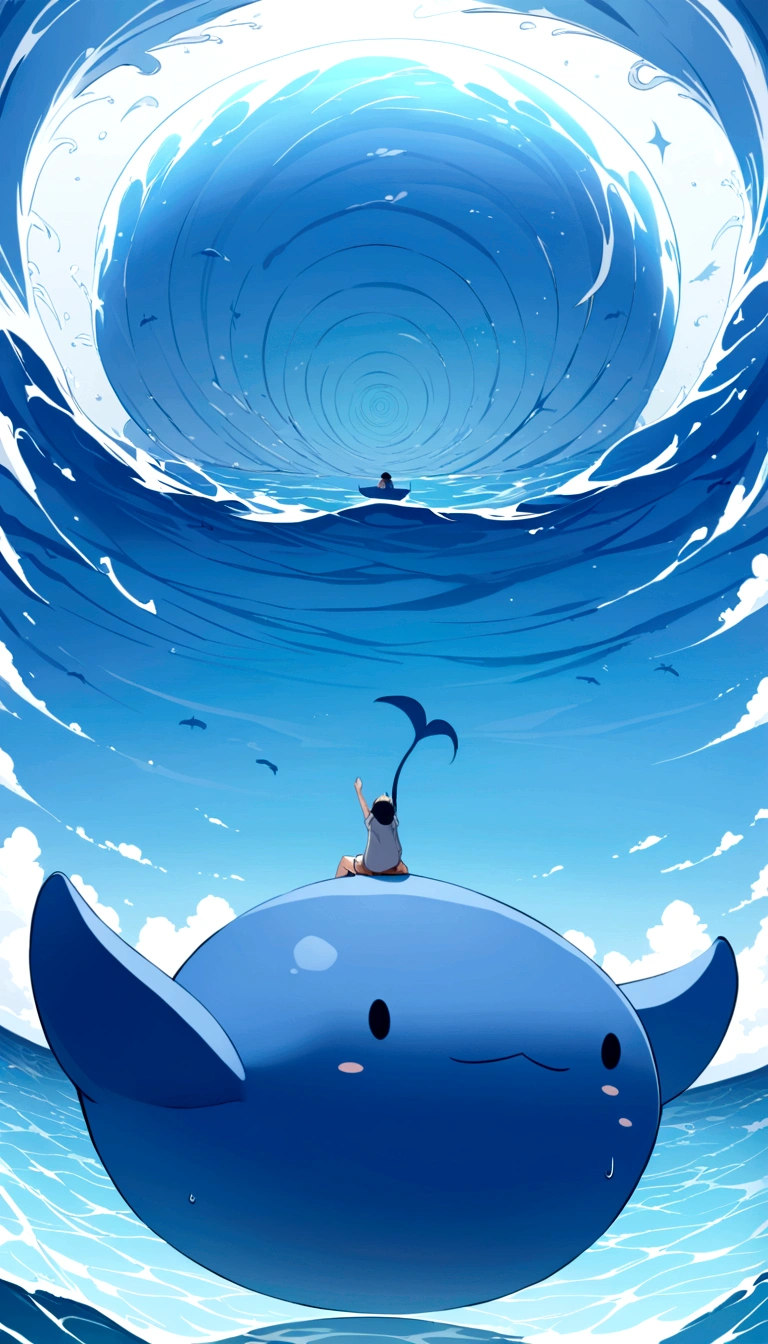 Awesome atmosphere, sitting on the back of a fat blue whale, Cute whale images, Whale's tail pointing upward in the water, Fantastic sea,Large target, Stereogram, high quality, On the table,Whales swim like you