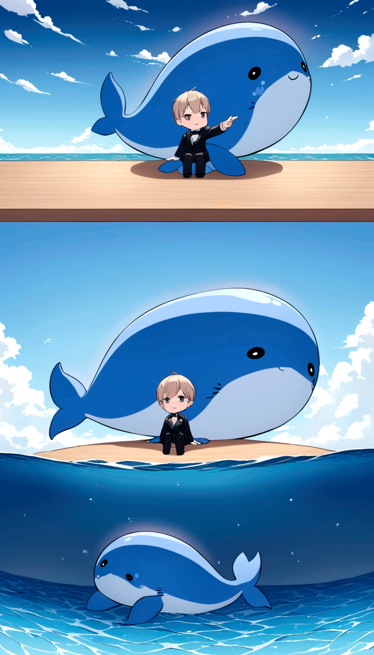 Awesome atmosphere, sitting on the back of a fat blue whale, Cute whale images, Whale's tail pointing upward in the water, Fantastic sea,Large target, Stereogram, high quality, On the table,Whales swim like you