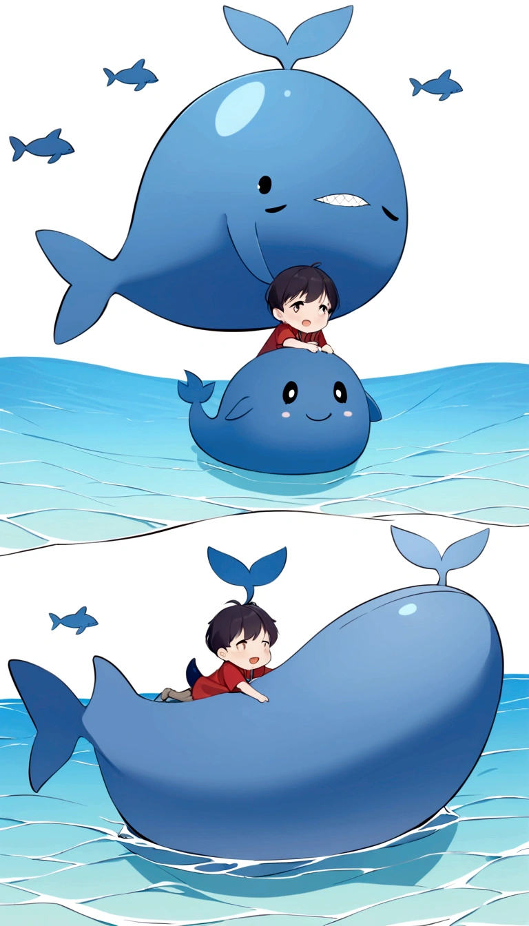 Awesome atmosphere, sitting on the back of a fat blue whale, Cute whale images, Whale's tail pointing upward in the water, Fantastic sea,Large target, Stereogram, high quality, On the table,Whales swim like you