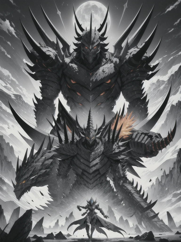 Original Kaiju armor form of a human, sharp, obsidian-like plates that overlap like armor, Elongated and somewhat reptilian head, with a pronounced crest of jagged obsidian spikes running from the forehead to the back of the neck. Four glowing, amber eyes are set deep in the skulls, arms with massive claws and blades, feet have three large, taloned toes, A long, whip-like tail ending in a mace-like cluster of obsidian spike, orange lines and aura in between armor. ultra HD. city background destroyed