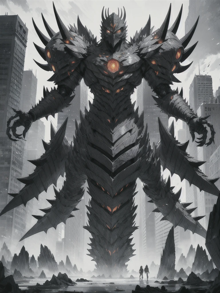 Original Kaiju armor form of a human, sharp, obsidian-like plates that overlap like armor, Elongated and somewhat reptilian head, with a pronounced crest of jagged obsidian spikes running from the forehead to the back of the neck. Four glowing, amber eyes are set deep in the skulls, arms with massive claws and blades, feet have three large, taloned toes, A long, whip-like tail ending in a mace-like cluster of obsidian spike, orange lines and aura in between armor. ultra HD. city background destroyed