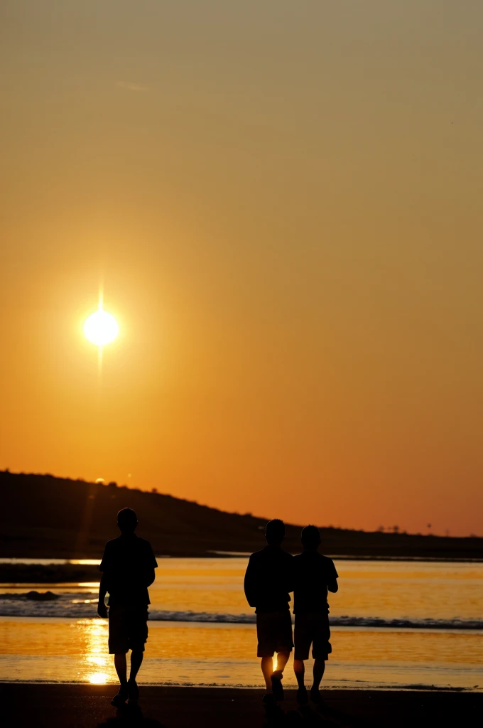 two boys (men) taking a walk together, in a sunset, silhouette