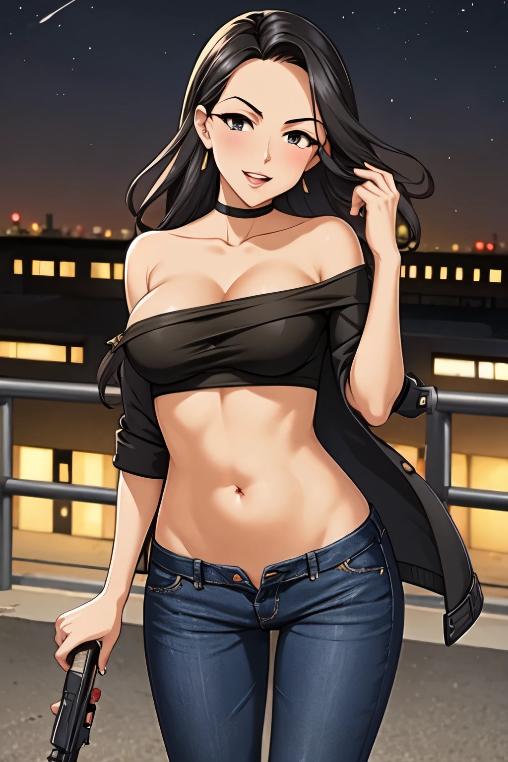 Black Hair, Forehead, 1girl, 独奏, blush, lipstick, outdoors, rooftop, cityscape, building, railing, night, night sky, scenery, city lights,  jacket, masterpiece,high quality,4K, bare shoulder,belly,crop top,outdoor,cleavage,jeans,casual
dress,street,road,smile, open mouth, (nsfw) not safe for work, holding a gun,handgun, evil expression,
exposed belly, exposed navel, exposed midriff, exposed lower belly, crop top overhang, underboob,
unbuttoned jeans , low rise black jeans, Low rise jeans, Low rise jeans with open fly, navel piercing