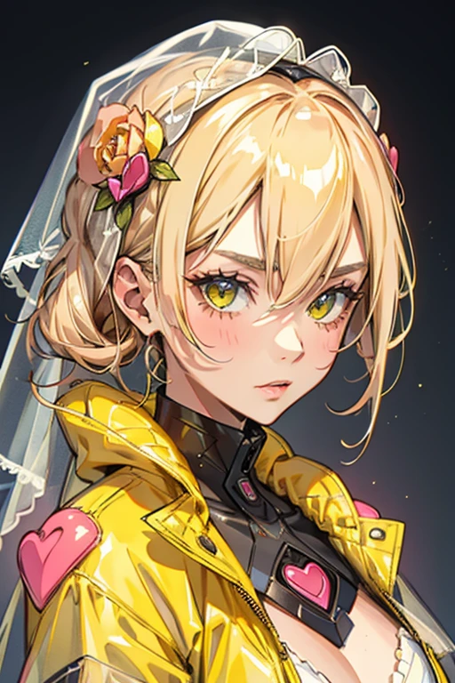 Close-up of mature girl, neon yellow jacket, veil, highest quality, highly detailed, bright peach heart, elegant 