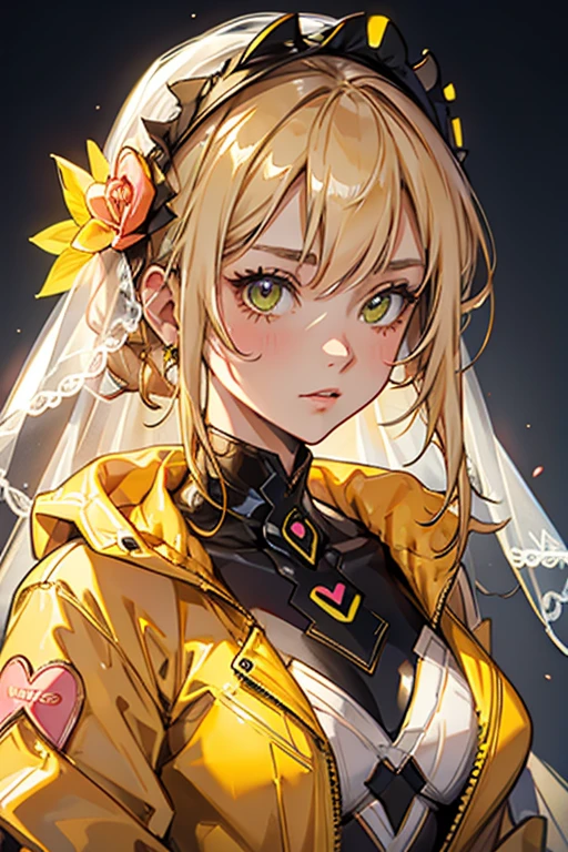 Close-up of mature girl, neon yellow jacket, veil, highest quality, highly detailed, bright peach heart, elegant 