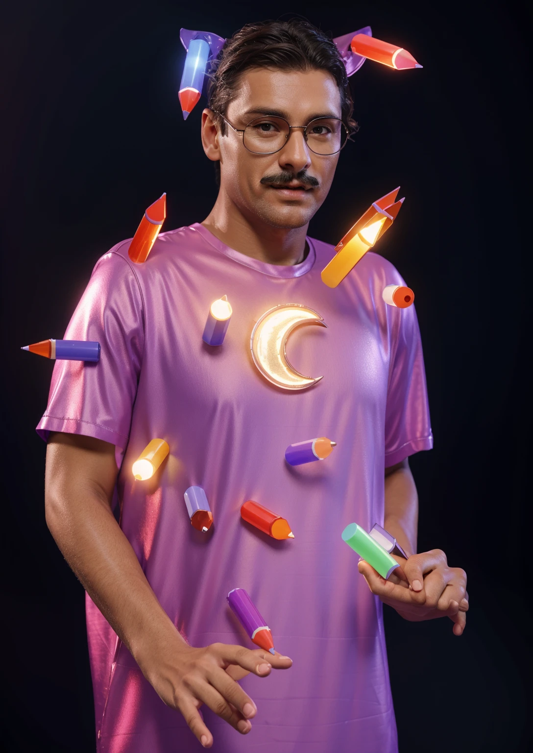  The image shows a man with a mustache and glasses, wearing a purple shirt with a moon on it, there's coloured pencils sticking out of her clothes, smooth 3d model, glossy plastic texture, multiple light sources, rim light, sharp post effects render, most beautiful vfx, , realistic, 4k, high resolution, rim light, smooth 3d model. ,  glossy texture, smooth 3d model, multiple light sources, rim light, sharp post effects render, (glossy plastic texture with multiple big light probe refractions), perfect cgi,   reflective, best quality, 4k, masterpiece:1.2, ultra-detailed, realistic, vivid colors, The image of the highest quality, ensuring every detail showcased perfectly. It in 4k resolution, allowing viewers to immerse themselves in the richness of the colors and intricate details. The realistic rendering. under the spotlight, reflecting, high-resolution image, realistic rendering