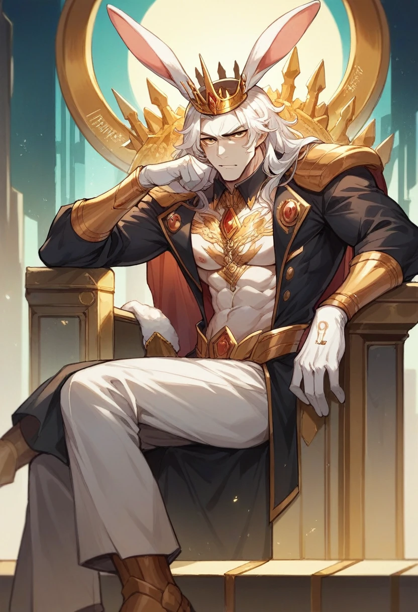 Rabbit man with crown sitting on his throne in a futuristic city and golden letters with the words KING, RABBIT golden letters on the back with the words KING RABBIT