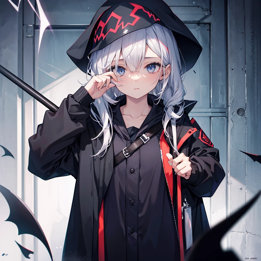 (((grim Reaper's size))) (((Gray Hair short hair blue eyes woman))),((night full moon My own big wings)),(Wearing a hood Black camisole Purple light), A tense look Shining Background Shining Edges