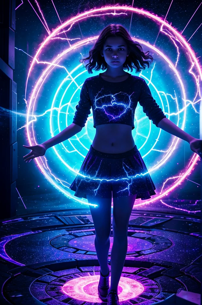 "A young girl stands before a shimmering portal, her hand outstretched tentatively. The portal crackles with energy, swirling colors of blue and purple enticingly. She takes a deep breath, her eyes wide with excitement and a hint of fear, before stepping forward courageously, disappearing into the unknown."