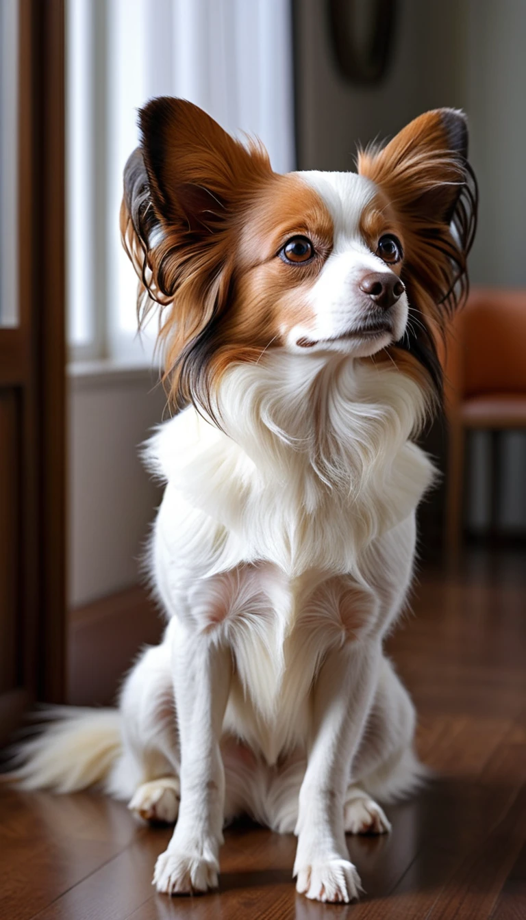 There is no one, realistic photo, photo realism, realism, Papillon (butterfly)Dog, perfect composition, intricate details, Very sharp, masterpiece, profile, high resolution, looking at the viewer, Full body photo in a comfortable atmosphere indoors