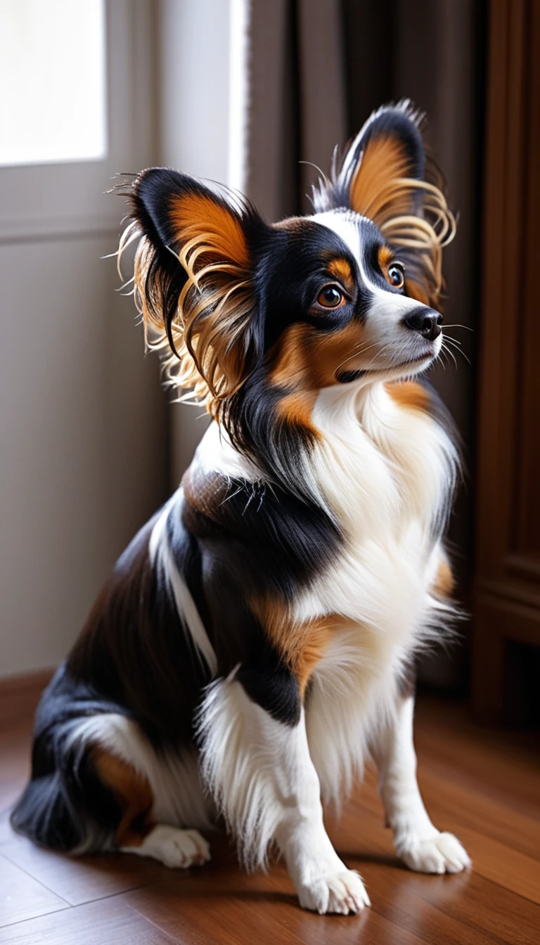 There is no one, realistic photo, photo realism, realism, Papillon (butterfly)Dog, perfect composition, intricate details, Very sharp, masterpiece, profile, high resolution, looking at the viewer, Full body photo in a comfortable atmosphere indoors