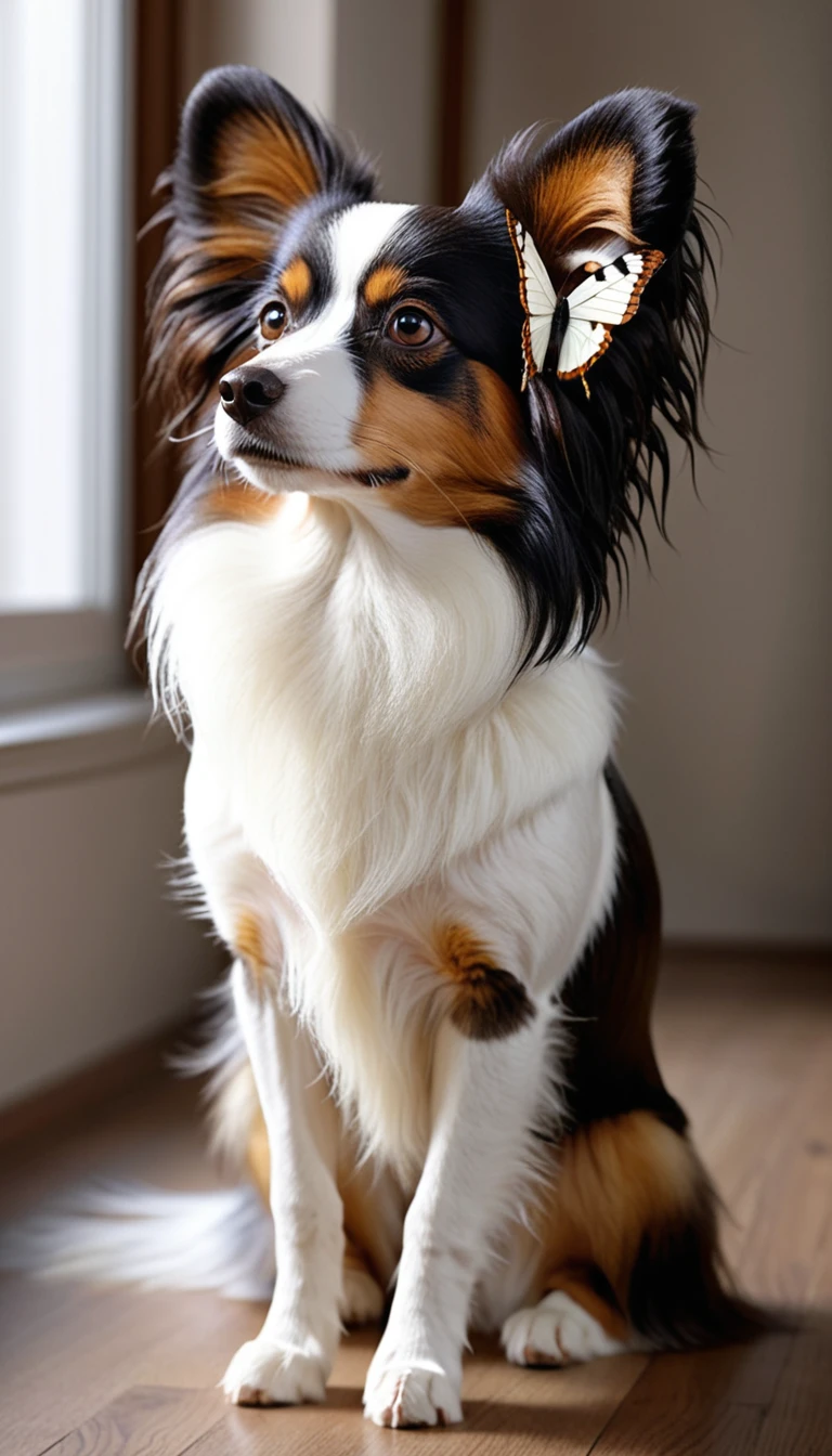 There is no one, realistic photo, photo realism, realism, Papillon (butterfly)Dog, perfect composition, intricate details, Very sharp, masterpiece, profile, high resolution, looking at the viewer, Full body photo in a comfortable atmosphere indoors