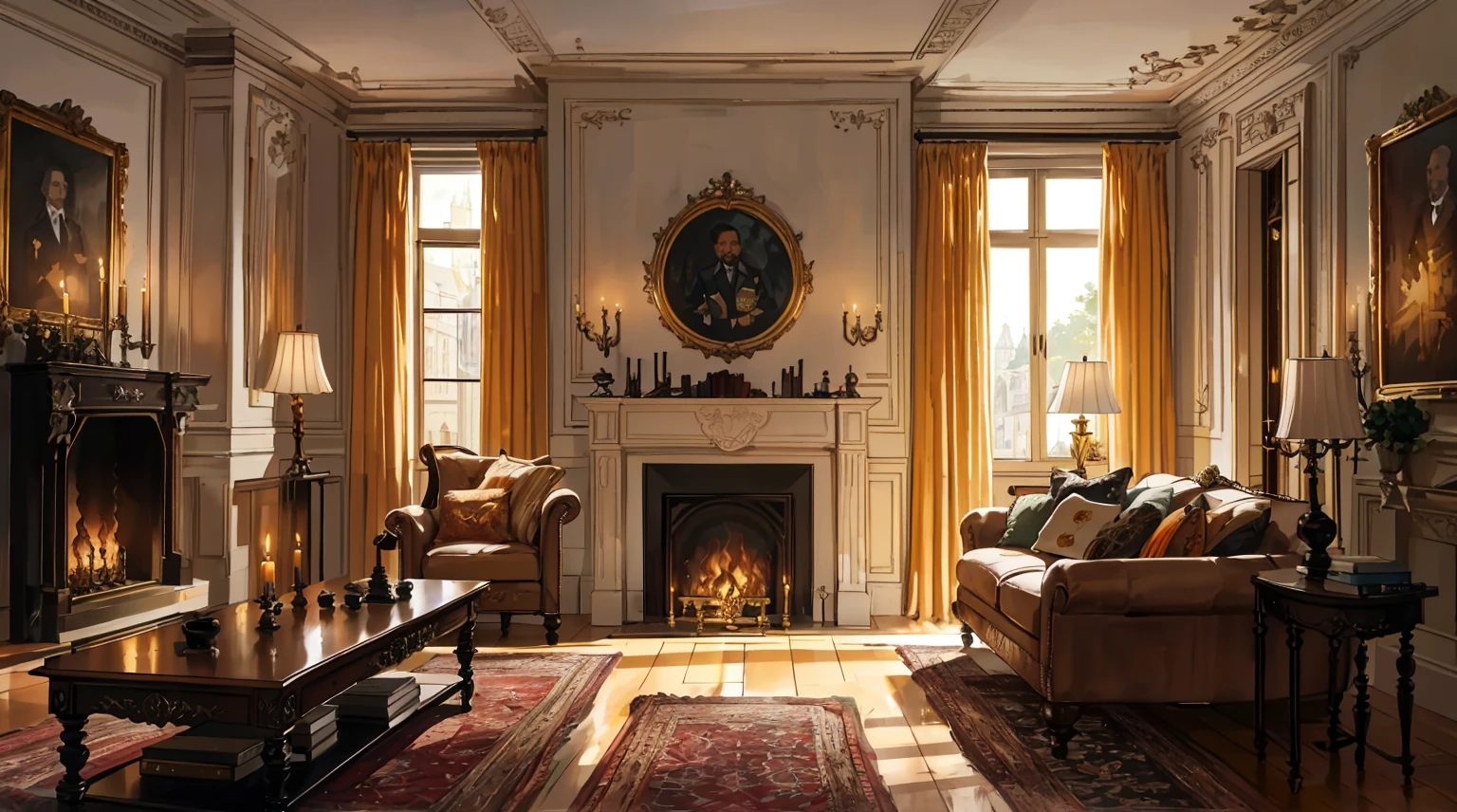 （best quality，masterpiece：1.2，detailed details，4k），Middle Ages, a gorgeous mafia boss's office,，Interior, victorian Manor with reliquies, (((Nigth))), (((moonligth enters the living room))) soft pale orange palette, soft secundary exterior ligth