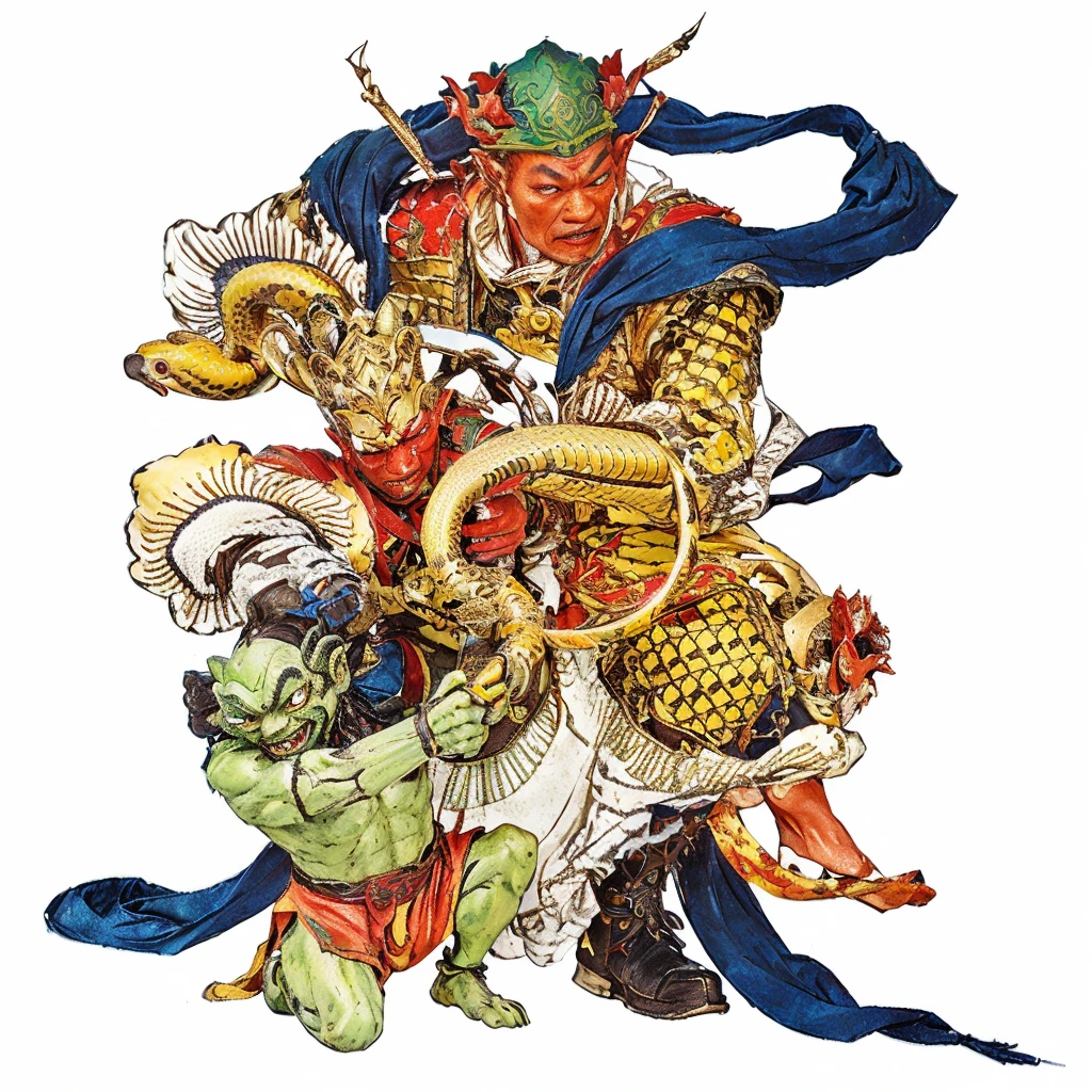 a chinese warrior holding a yellow snake, 1 green goblin holding warrior's leg, red goblin behind, blue deity ribbon, 