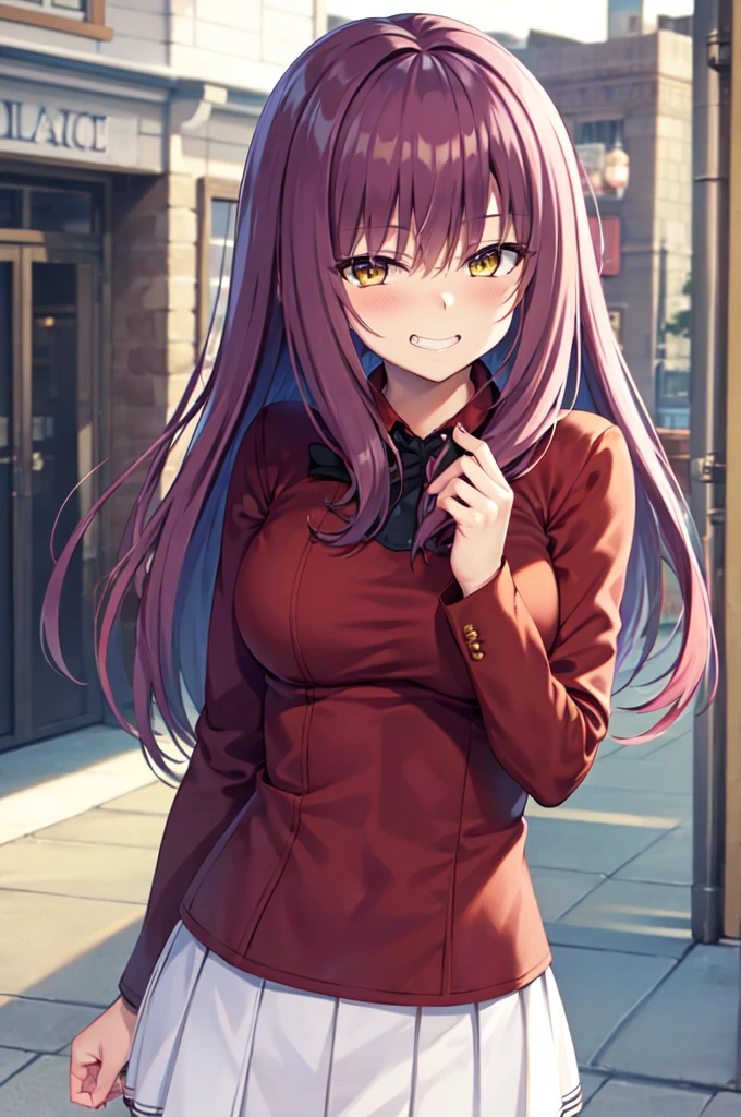 Masterpiece, best quality, highres, upper body, close up, detailed eyes, red hair, yellow eyes, white backround, long hair, blush, black sweater, large breaast, ((hair down)), very long hair, grin