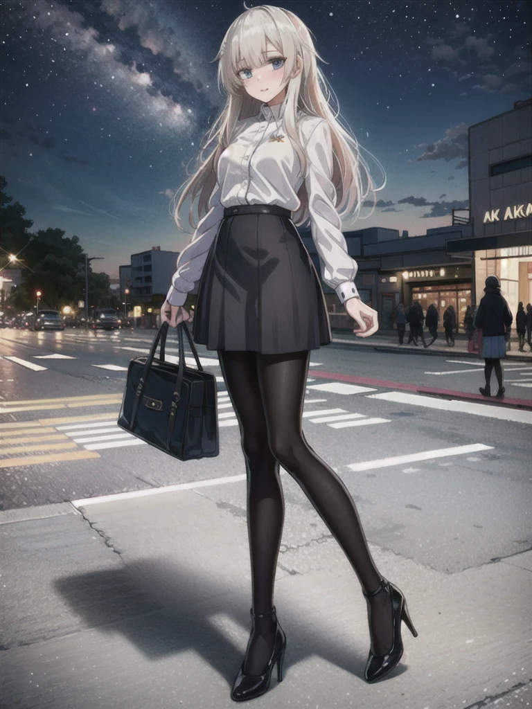 1girl, solo, female, ak-74m, white shirt, standing, full body shot's, blue skirt, outdoor, night, 4k, bokeh, pantyhose, carying a bag, mature woman, a date, one bag, high heels 