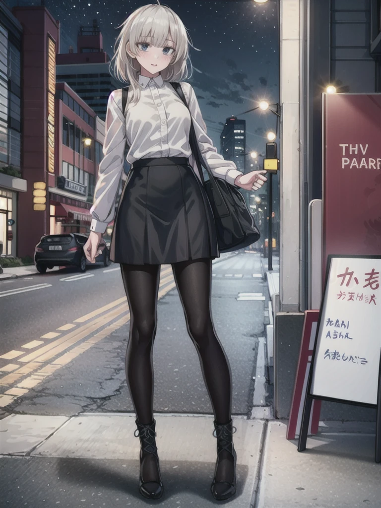 1girl, solo, female, ak-74m, white shirt, standing, full body shot's, blue skirt, outdoor, night, 4k, bokeh, pantyhose, carying a bag, mature woman, a date, one bag, high heels