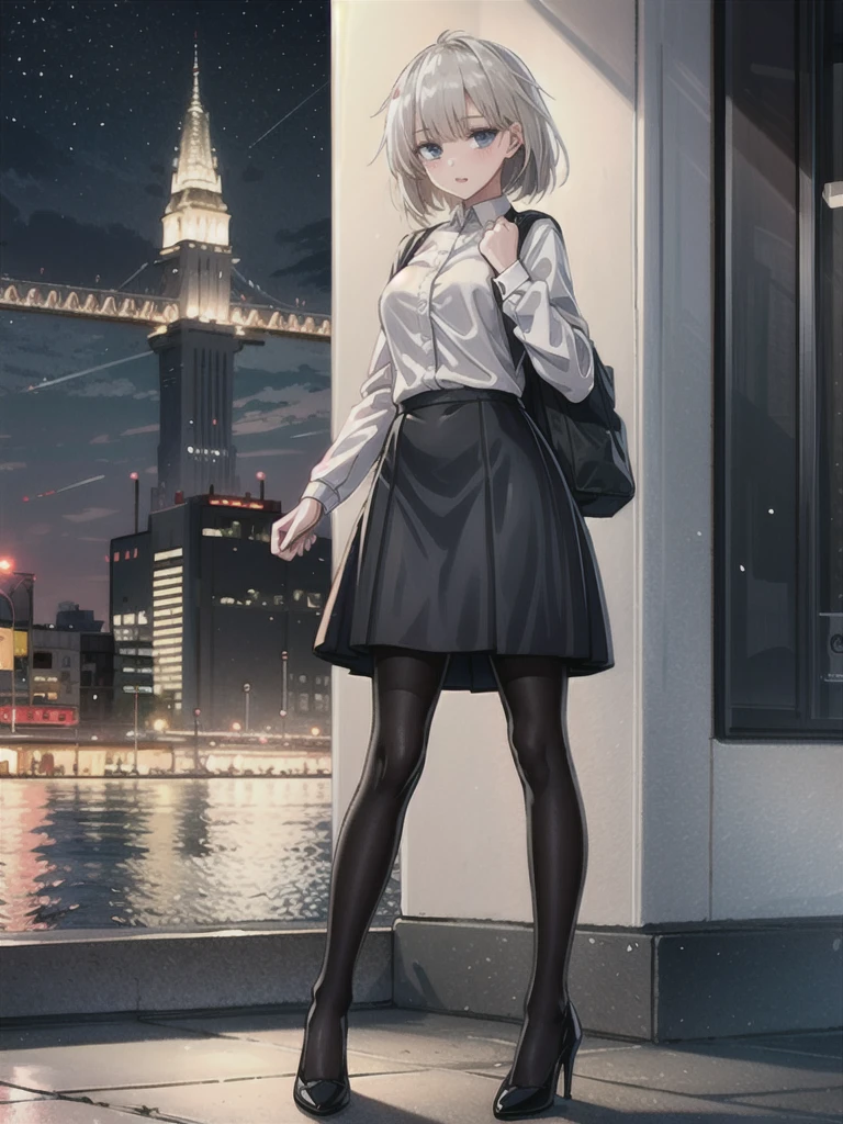 1girl, solo, female, ak-74m, white shirt, standing, full body shot's, blue skirt, outdoor, night, 4k, bokeh, pantyhose, carying a bag, mature woman, a date, one bag, high heels