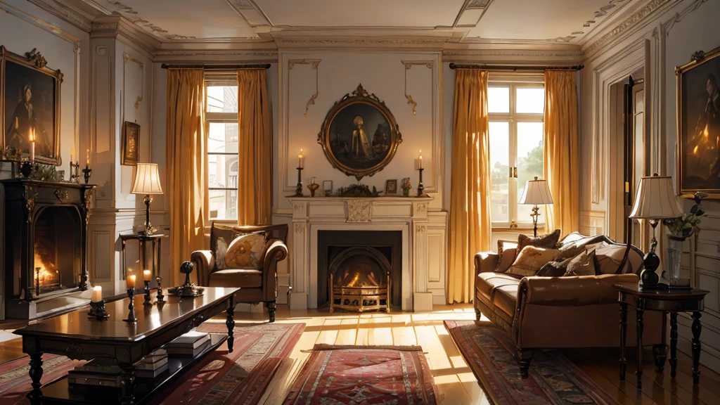 Interior, victorian Manor with reliquies, (((Nigth))), (((moonligth enters the living room))) soft pale orange palette, soft secundary exterior ligth