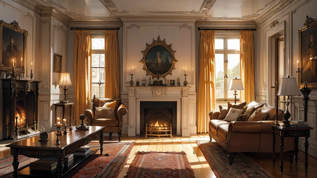 Interior, victorian Manor with reliquies, (((Nigth))), (((moonligth enters the living room))) soft pale orange palette, soft  secundary exterior ligth 