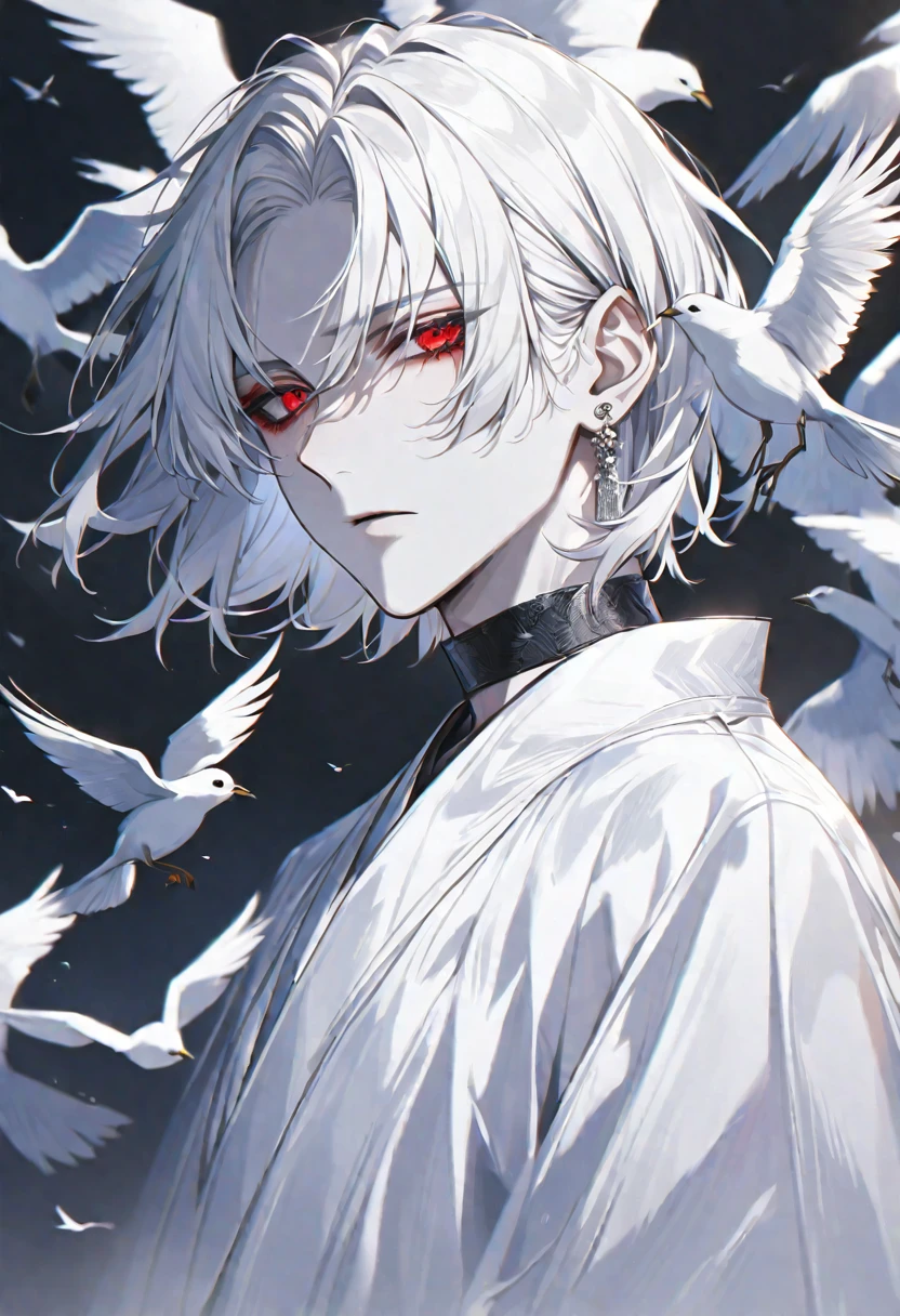 solo, handsome, 
1. male,
hime cut,Straight Hair,short Hair, 
White hair, 
Gojo Satoru ,
red Eyes,Soft look,beautiful,beautiful,sexly,Darkness,Lots of silver earrings,choker,
White OVERsize パーカー,
White skin,bird,wing,
White background,