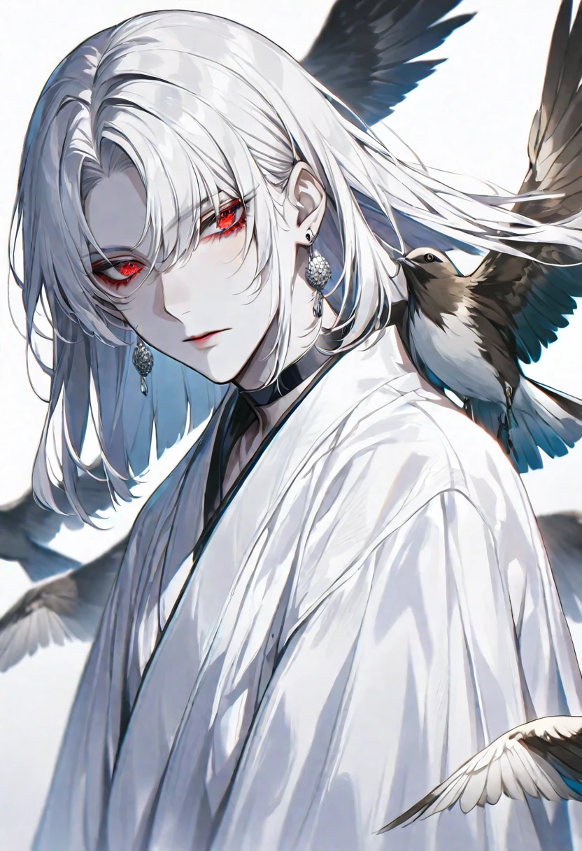 solo, handsome, 
1. male,
hime cut,Straight Hair,short Hair, 
White hair, 
Gojo Satoru ,
red Eyes,Soft look,beautiful,beautiful,sexly,Darkness,Lots of silver earrings,choker,
White OVERsize パーカー,
White skin,bird,wing,
White background,