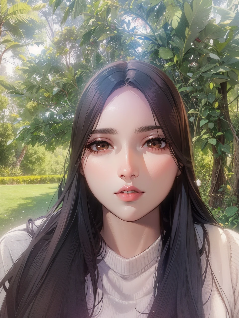 Girl, long straight brown hair, brown eyes, soft sharp features, white skin, pink lips, beautiful, sweater